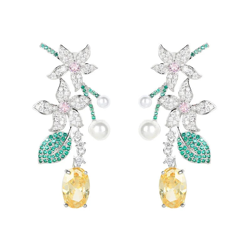 SUYU New Holiday Style Long Vintage Flower Earrings Female Leaf Yellowcrystal Forest Earrings