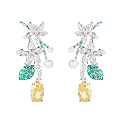 SUYU New Holiday Style Long Vintage Flower Earrings Female Leaf Yellowcrystal Forest Earrings