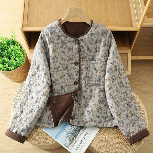 Korean Style Retro Floral Cotton Jacket For Women's Autumn Spring 2026 Fashion,Warm Round Neck Short Quilted Top w1519