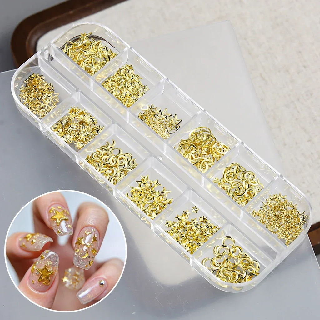 6/12Grids Gold Star Moon Metallic Rivet 3D Nail Charms Alloy Sun Moon Starlight Rhinestones Nail Studs For Nail Art Decoration
