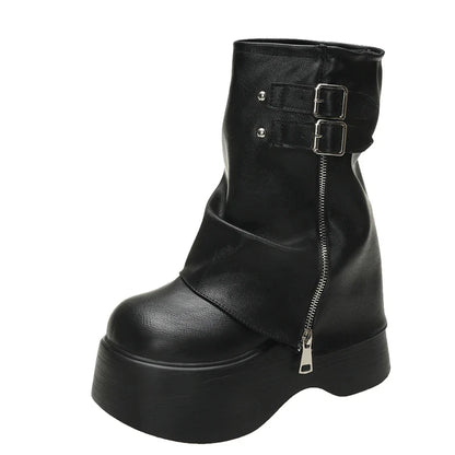 Soft Leather Ankle Mid Calf Boots Winter Autumn High Platform Wedge British Booties Woman New Ladies Chunky Motorcycle Boots 9CM