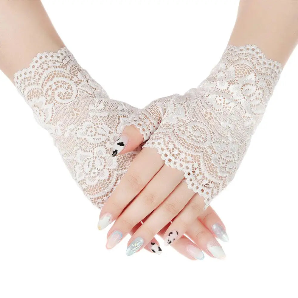 Women Short Lace Hollow-Out Fingerless Gloves Sun Protection Sleeves Mesh Thin Cycling Sexy Mittens Half Finger Handschoenen
