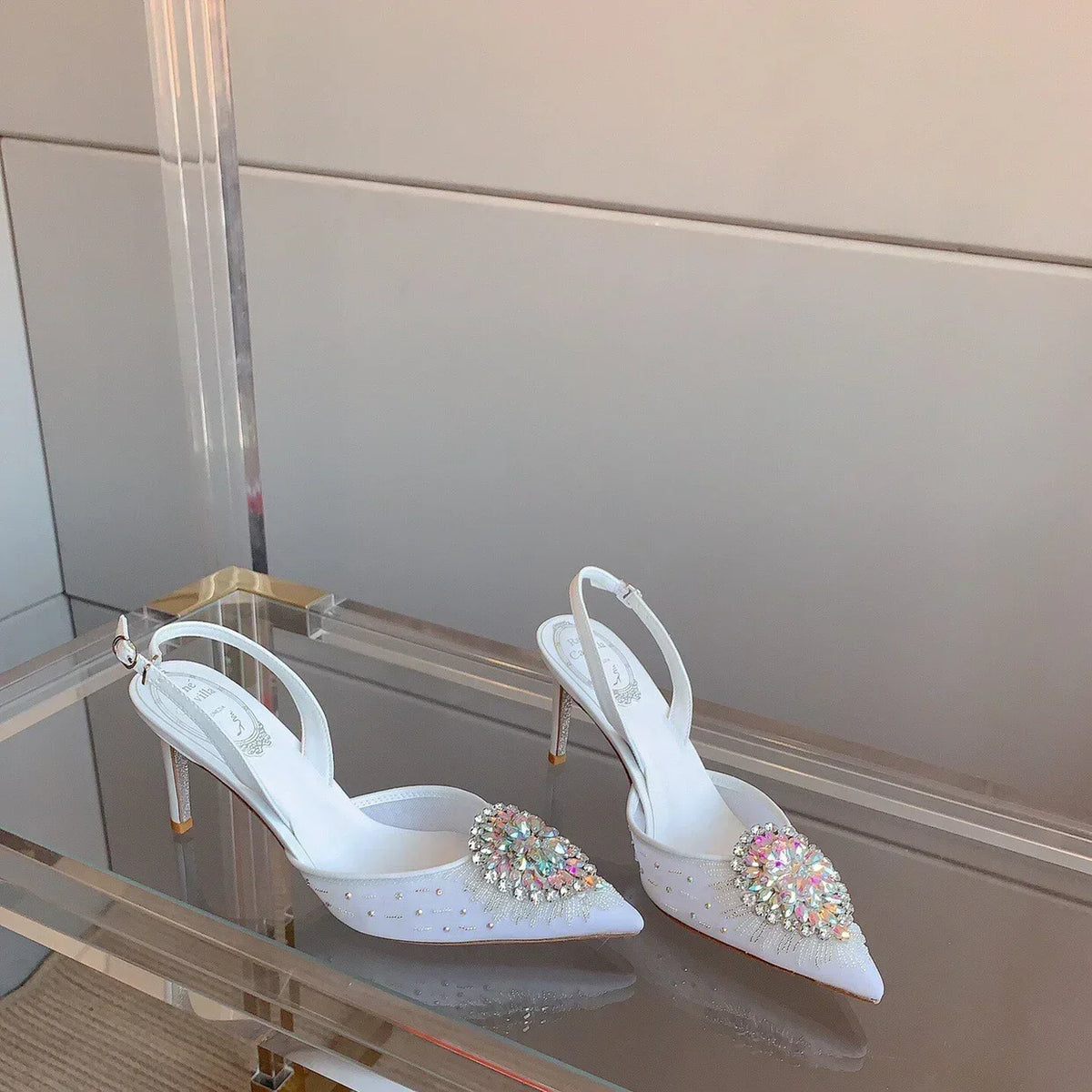 White Wedding Shoes, Rhinestone Pointed Crystal Toe Sandals, New High-heeled Shoes, Sexy Single Shoes