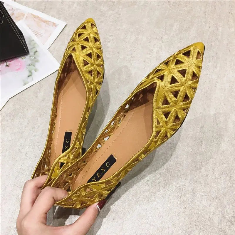 Flat Shoes Women 2026 Summer Pointy Joker Hollow Leisure Commuter Flat Spring Elegant Women's Shoes Breathable Hole Shoes