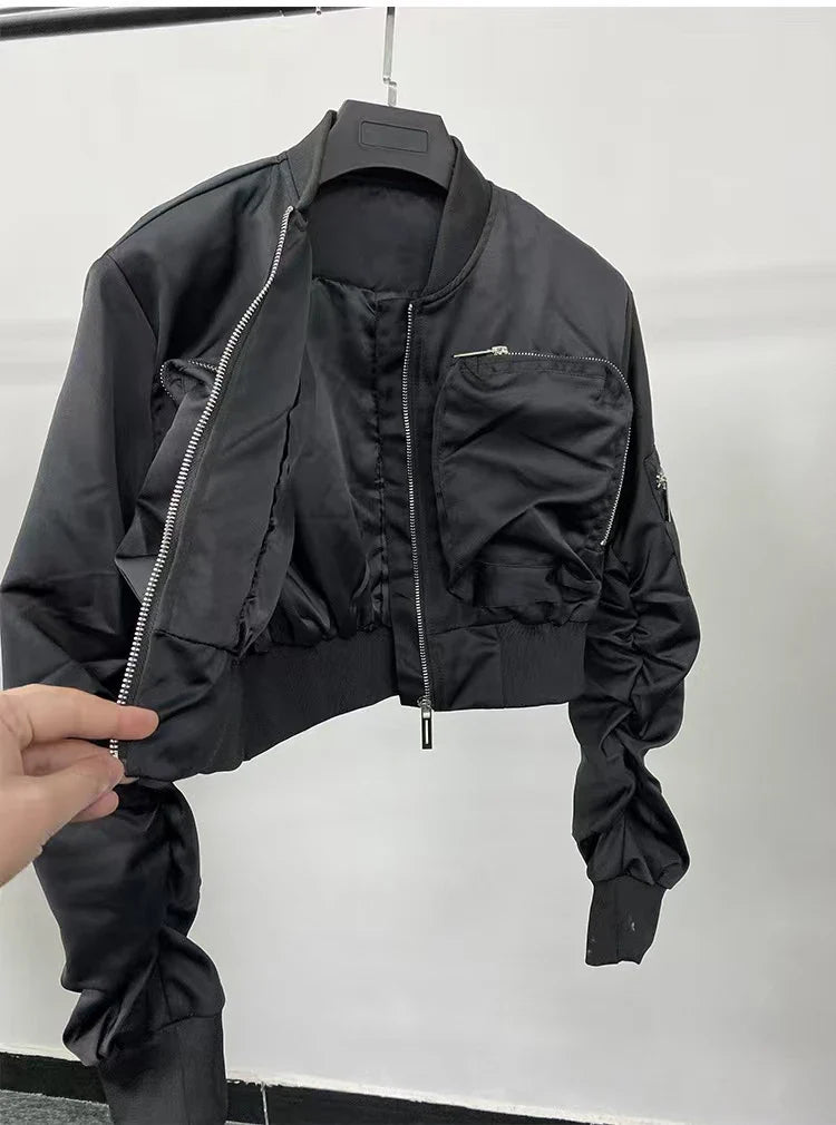 Y2k Bomber Jacket Women Baseball Jersey Jacket Zip Cropped Coat High Waist Spring Autumn Long Sleeve Outerwear Trend Tops Black
