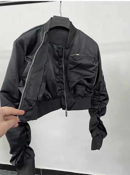 Y2k Bomber Jacket Women Baseball Jersey Jacket Zip Cropped Coat High Waist Spring Autumn Long Sleeve Outerwear Trend Tops Black