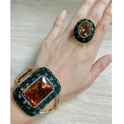 Round Colored Change Sultanite Crystal Bangle Rings Sets for Women Necklace Earring Rings Golden Green Zultanite Quartz Jewelry
