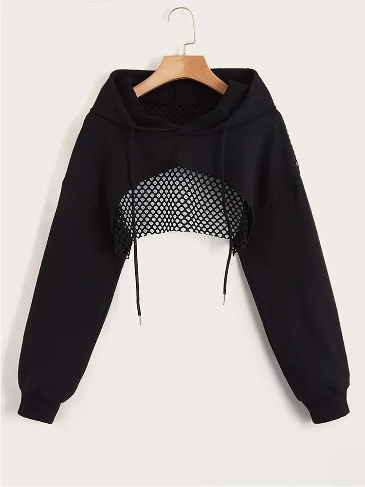 Street Sport Drop Shoulder Drawstring Hollow Out Super Crop Sports Hoodie Without Cami Top