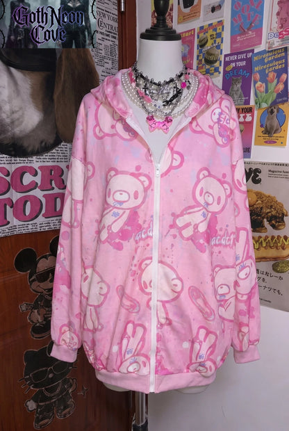 American High Street Y2K Hoodie Women's Cartoon Printed Bear Long Sleeve Coat Subculture Graffiti Yami Kawaii Loose Hooded Coat