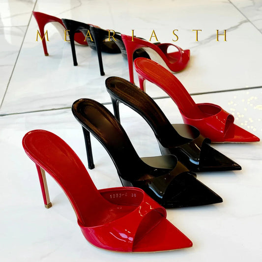 Ladies High-heeled Slippers Shoes Fashion Pointed Sexy Patent Leather Women with Open Toes and Party Wedding Stripper Sandals.