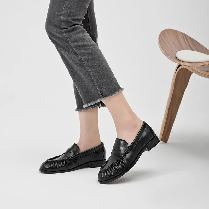 Lady Loafers 2026 Model Handcrafted Retro Pleated Single Shoes for Women, Women's Low-Heeled Leather Suede Shoes
