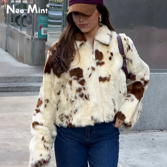 Neo Mint Chic Street Girls Cow Print Fur Coat Women 2025 Winter New Brand Fashion Warm Faux Fur Jacket Autumn Iconic Streetwear