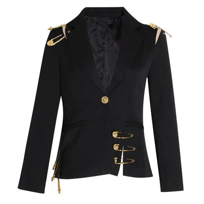 VGH Chic Spliced Metal Pin Slimming Blazer for Women Notched Collar Long Sleeve Patchwork Mesh Hollow Out Fashion Jacket Female