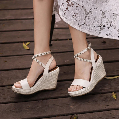 Women's genuine leather hemp wedge platform high heel ankle strap sandals open toe narrow band summer heels pumps daily shoes