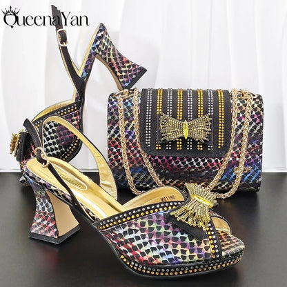 QueenaYan 2026 New Italian Pumps and Bag To Party  INS Style Open-Toe Rhinestone Elegant High Heels for Women Party