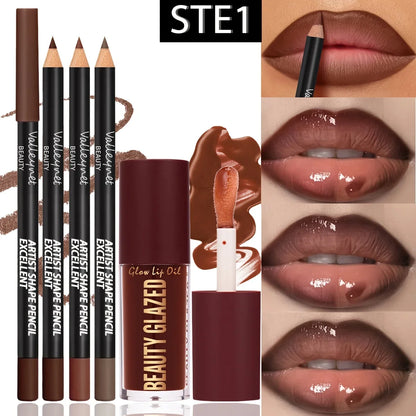 4Pcs Lip Liner & Lip Oil Set - Waterproof Matte Lip Pencils + Plumping Gloss Lipstick Kit, Long Lasting Makeup for Women