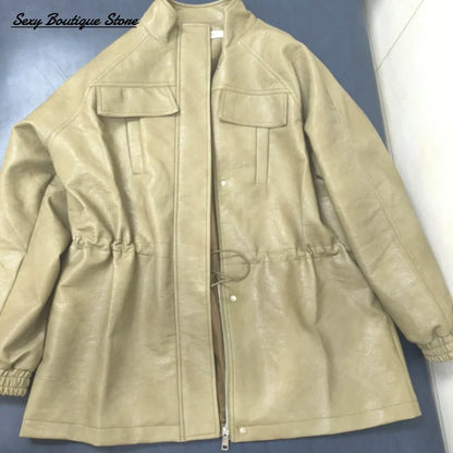 Autumn Winter Pu Leather Jacket For Women Solid Full Sleeve Elastic Adjustable Waist Coat 2025 New Lady Fashion Casual Outwears