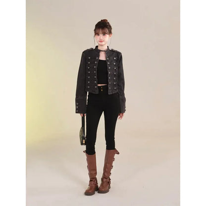 Women's American Retro Denim Military Inspired Cropped Jacket Long Sleeve Stand Collar Casual Motorcycle Coat