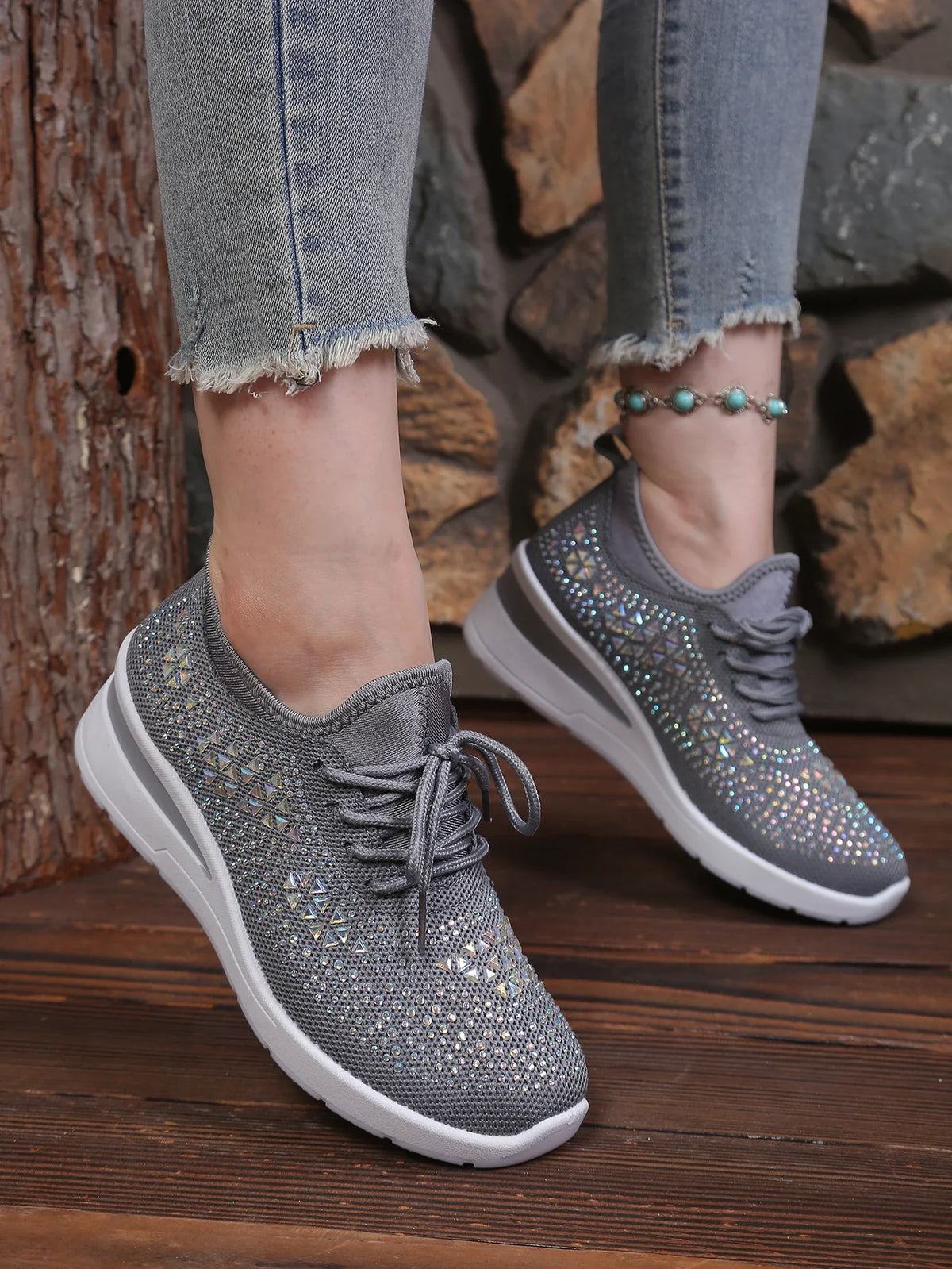 Women's Rhinestone Embellished Knit Mesh Wedge Sneakers, Adjustable Lace-Up Closure, Daily Walking Casual Footwear