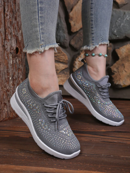 Women's Rhinestone Embellished Knit Mesh Wedge Sneakers, Adjustable Lace-Up Closure, Daily Walking Casual Footwear