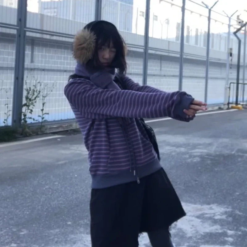Karrram Japanese Y2k Purple Striped Cardigan 2000s Style Turtleneck Knitted Jacket Vintage Harajuku Zipper Knitwear Korean 90s