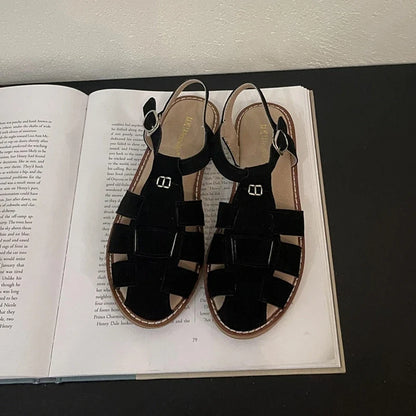 DIMANYU Women's Roman Sandals 2026 Summer New Flat Retro Real Leather Ladies Sandals Hollowed Women's Cage Shoes