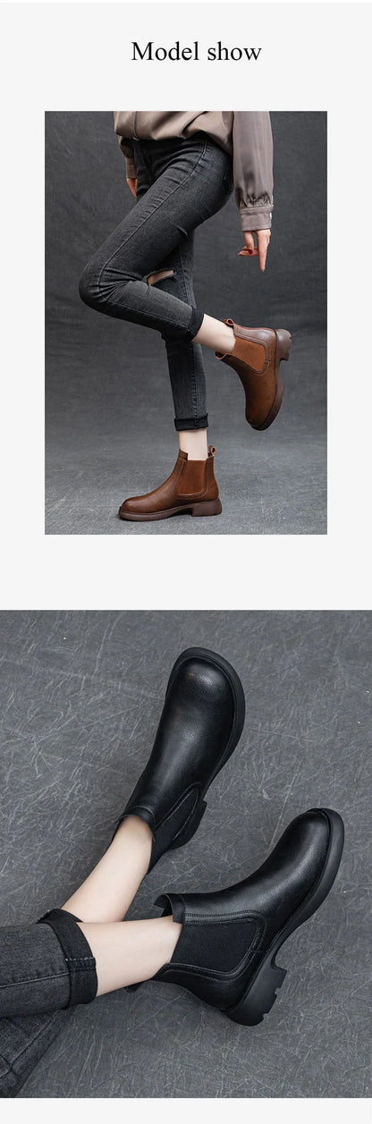 DRKANOL Fashion Women Thick Heel Ankle Boots Autumn Winter Warm Shoes Round Toe Real Cowhide British Style Slip On Chimney Boots