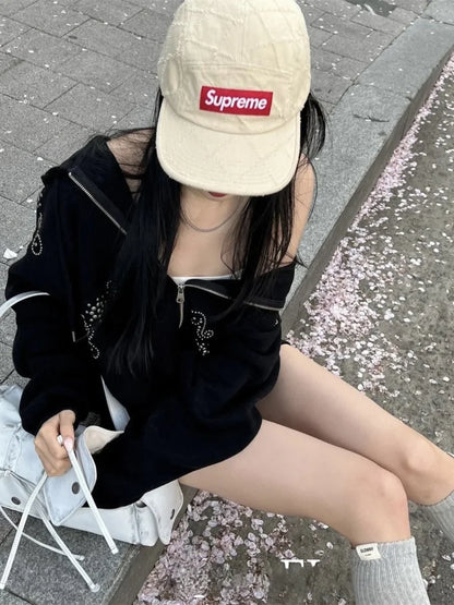 Street Sle Korean Version Simple Personali Rivet Zipper Casual Loose Matching Hoodie Jaet Unique SEI Women's Sweatirt