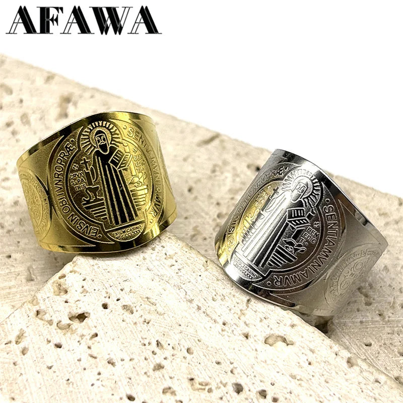 Catholic Saint Benedict Medallion Adjustable Rings for Women Men Stainless Steel Open Finger Ring Amulet Jewelry San Benito