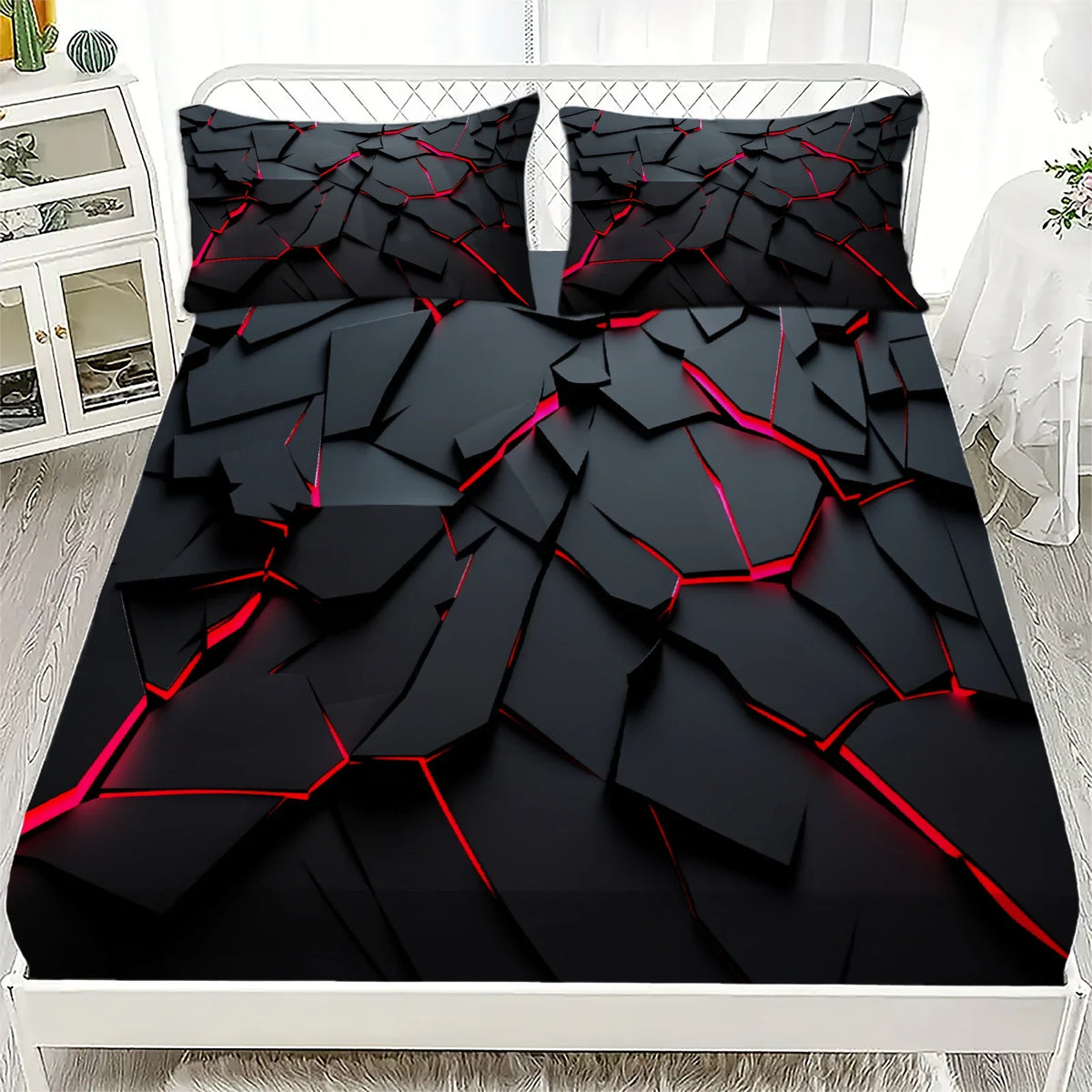 3Pcs Lightning Glow Fitted Sheet Set 3D Printed Soft Red Black Bedspread Single Twin Queen King Size Bed Sheet Set Home Decor