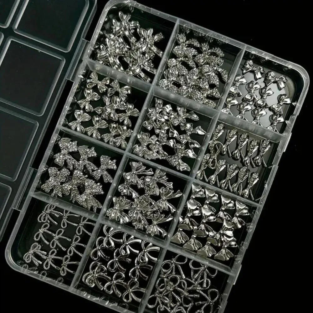 120Pcs/Box 3D Silver Exquisite Bowknot Nail Charms Simple Alloy Ribbon Bowtie Nail Art Decorations DIY Luxury Manicure Accessory