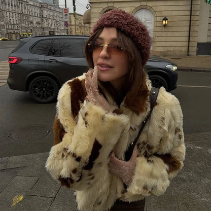 Neo Mint Chic Street Girls Cow Print Fur Coat Women 2025 Winter New Brand Fashion Warm Faux Fur Jacket Autumn Iconic Streetwear