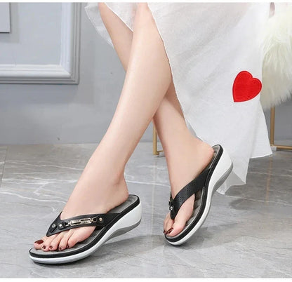2023 Women's Slippers Summer New Fashion Metal Button Slides Shoes Wedge Beach Sandals Women Outside Platform Leisure Flip Flops