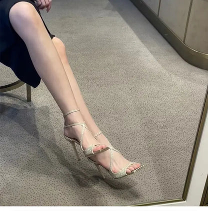 Luxury Sequined Women Gladiator Sandals Summer Designer Shoes for Women 2026 Square Head Hollow High Heels Fashion Ladies Shoes