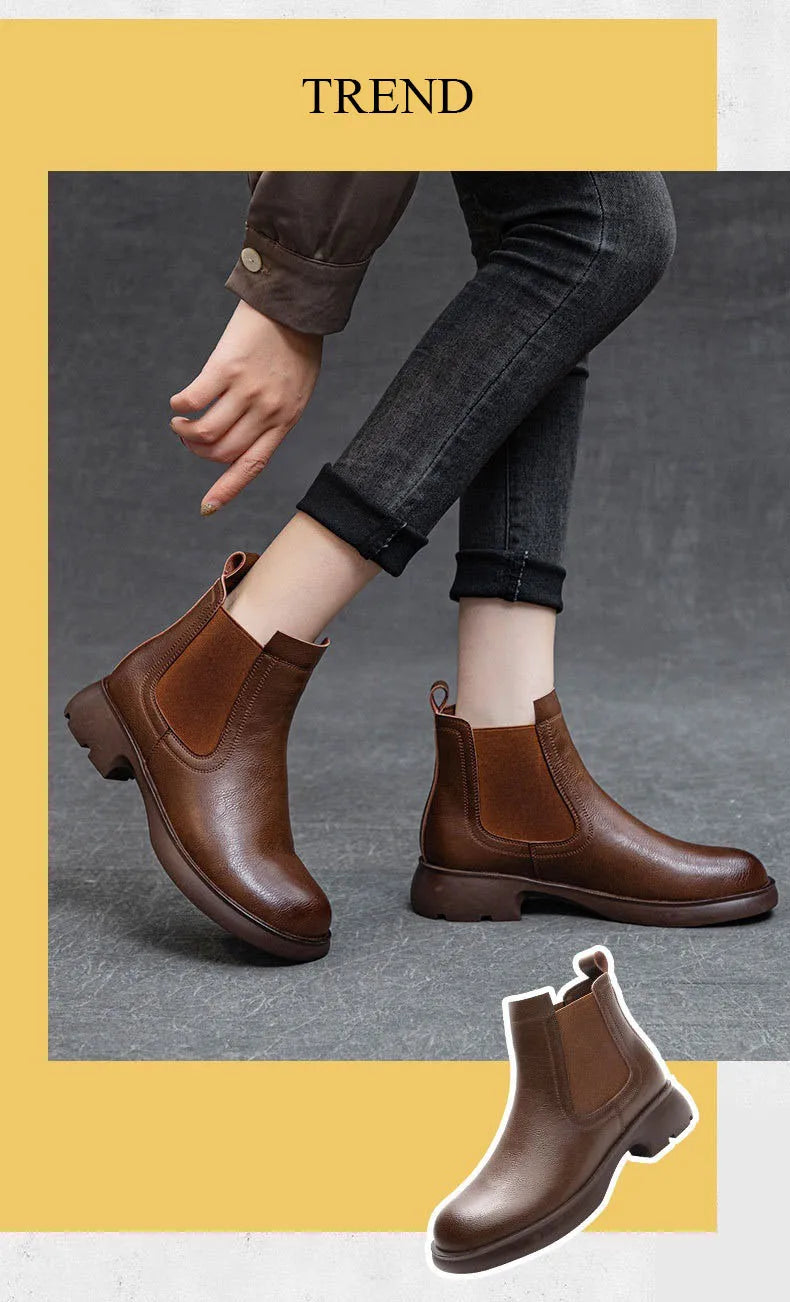 DRKANOL Fashion Women Thick Heel Ankle Boots Autumn Winter Warm Shoes Round Toe Real Cowhide British Style Slip On Chimney Boots