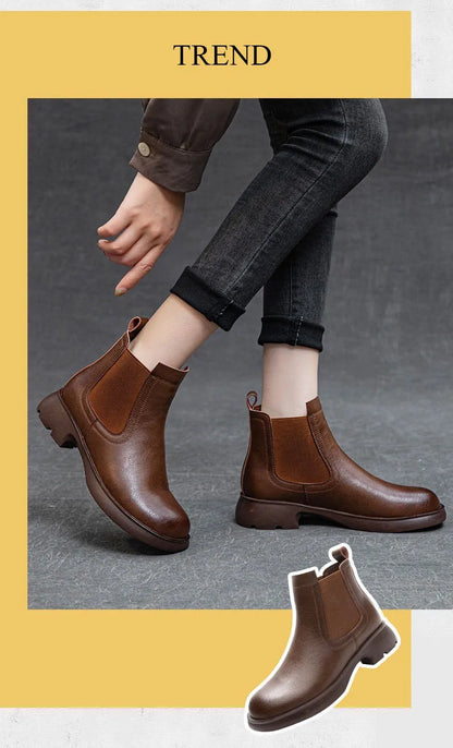 DRKANOL Fashion Women Thick Heel Ankle Boots Autumn Winter Warm Shoes Round Toe Real Cowhide British Style Slip On Chimney Boots
