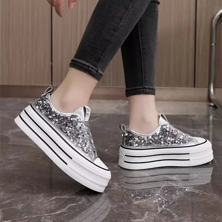 Woman Platform Sneakers Wedge Shoes Female Spring Autumn Sequins Bling Casual Shoes Ladies Thick-soled Canvas Shoes