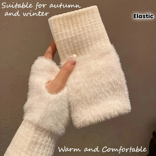 Women'S Luxury Plush Fleece-Lined Winter Gloves - Thick Warm Half-Finger Gloves with Elastic Cuffs Winter Gloves For Women