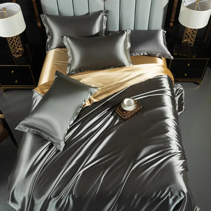 A/B Double-Sided Color Bedding Set Silky Satin Duvet Cover Bed Sheet Pillowcase Luxury Bedsheet King Queen Double Twin Size