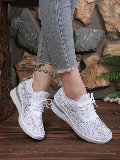 Women's Rhinestone Embellished Knit Mesh Wedge Sneakers, Adjustable Lace-Up Closure, Daily Walking Casual Footwear