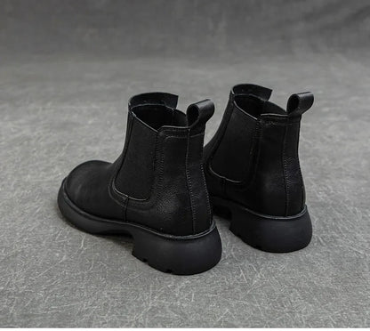 DRKANOL Fashion Women Thick Heel Ankle Boots Autumn Winter Warm Shoes Round Toe Real Cowhide British Style Slip On Chimney Boots