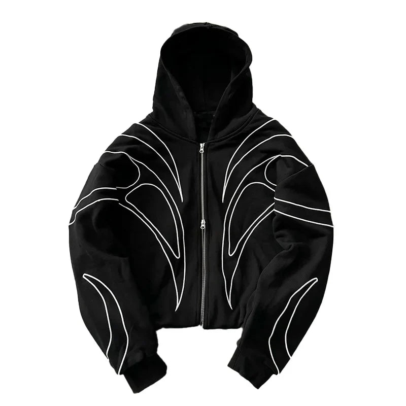 Street Retro Fashion Clothing Striped Embroidered Black Double Zipper Hoodie American Hip-hop Punk Oversized Sweatshirt women