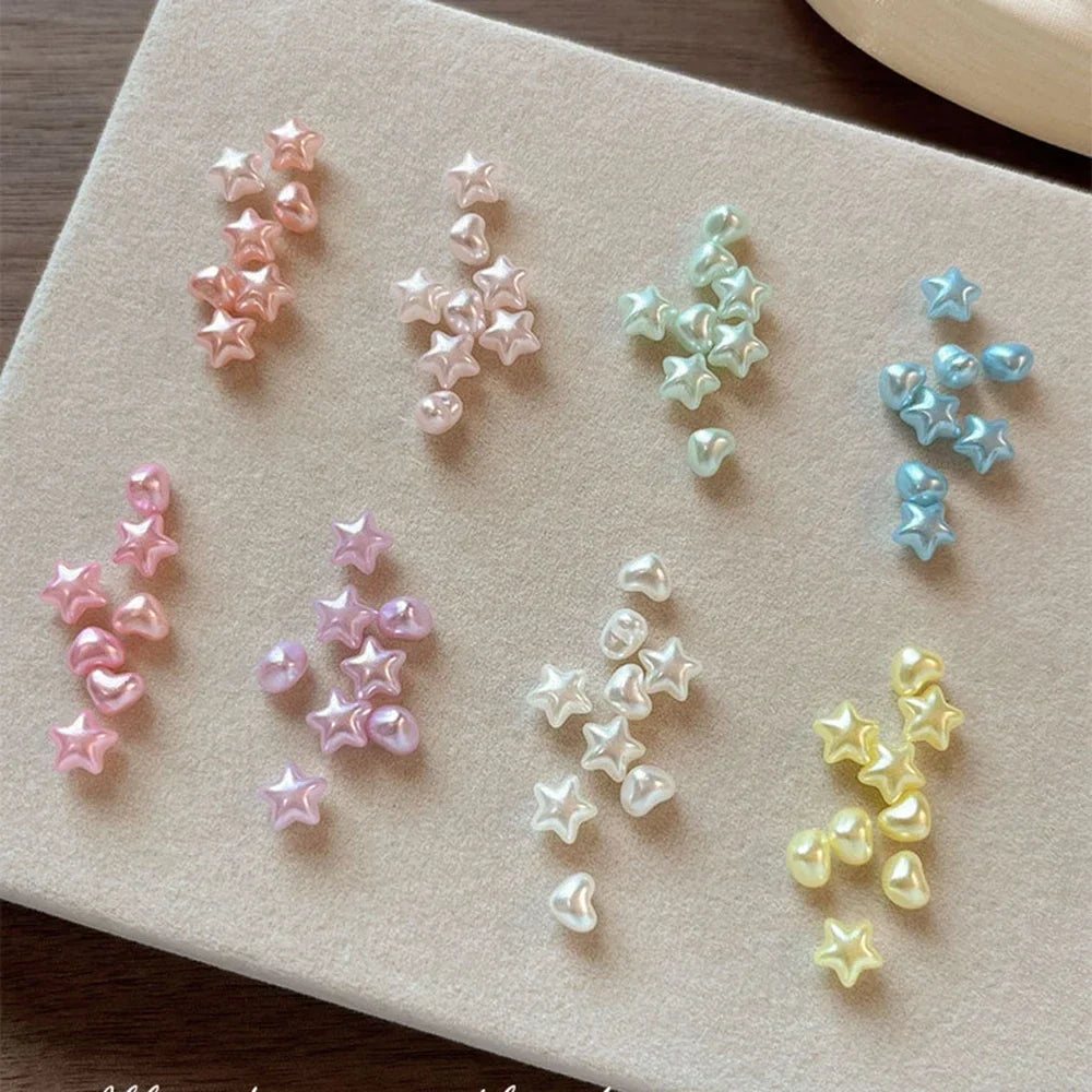 100PCS 2PACKS Macaron Star Heart 3D Pearlescent Pearl Rhinestone Nail Charms Mixed Color 6.5*10mm for Manicure DIY Love Heart