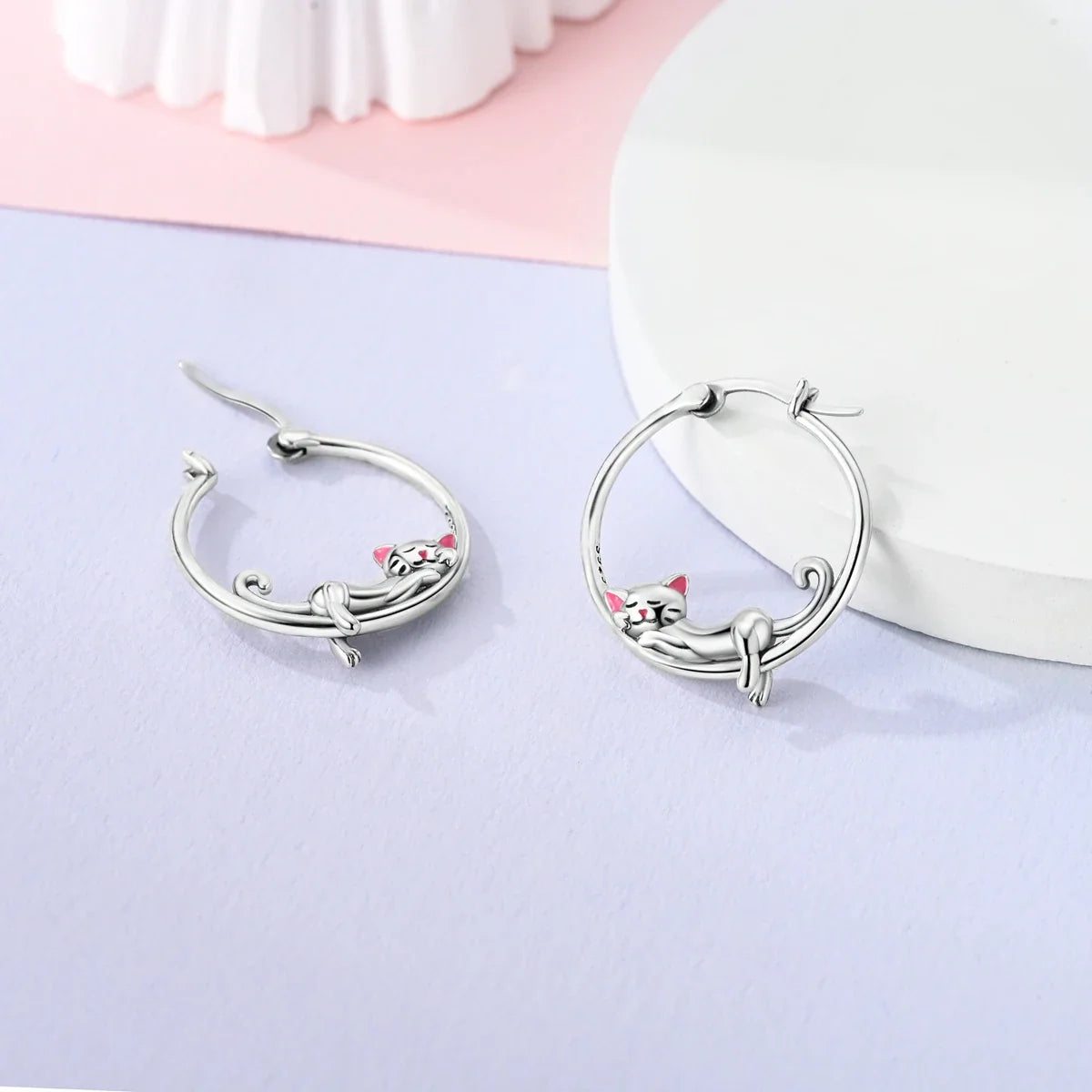 925 Sterling Silver Cute Lazy Cat Animal Pet Earrings Jewelry Hoop Earrings For Women Jewelry Birthday Party Fine Gifts
