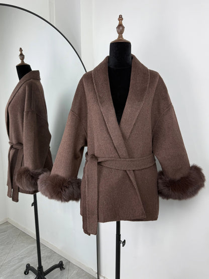 TARUXY Fox Fur Woolen Coats Women's Short Coat Office Lady Removable Elegant Double-sided Wool Overcoat 2025 New Cardigan Jacket