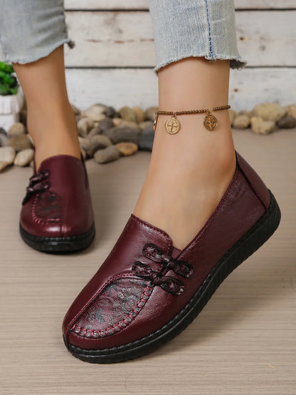 Women's Spring Autumn Leather Loafers Floral Embossed Slip‑On Flats Anti‑Slip Comfort Casual Mom Daily Walking Free Shipping