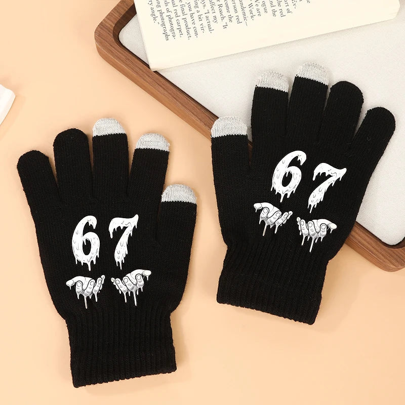 Funny 67 Six Seven Winter Gloves Touch Screen Gloves Fnafs Warm Stretch Knit Mittens Imitation Wool Full Finger Crochet Thicken