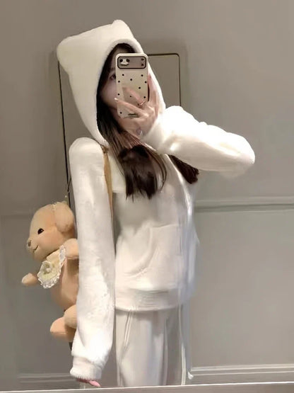 2025 Kawaii Plush Hoodie Women Bear Ear Zip Jacket Soft Warm Fleece Coat Korean Sweet Girl Winter Outerwear Cute Fashion Trend