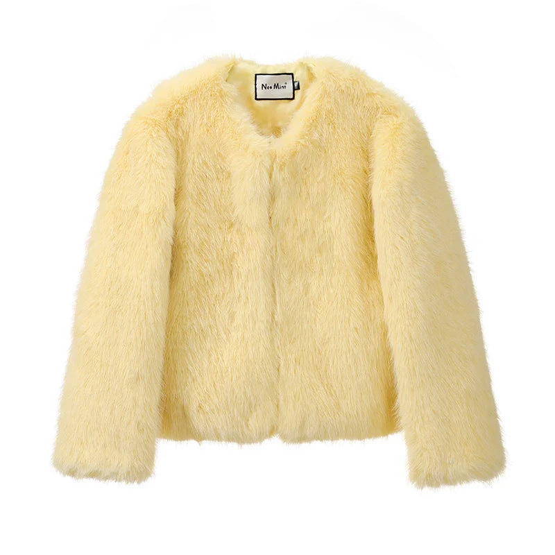 Neo Mint Cool Street Girls Winter Fashion Fluffy Fox Fur Jacket Women Casual Round Neck Faux Fur Coat Chic Thick Warm Outerwear