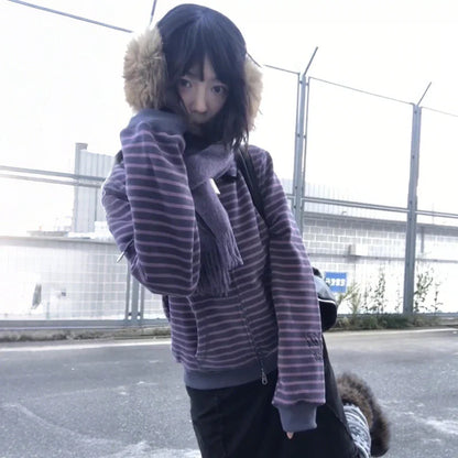 Karrram Japanese Y2k Purple Striped Cardigan 2000s Style Turtleneck Knitted Jacket Vintage Harajuku Zipper Knitwear Korean 90s